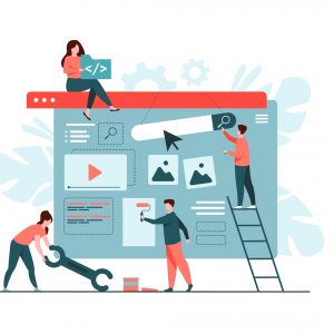 Digital marketing team constructing landing or home page. Tiny people painting units on webpage. Vector illustration for website designers, content managers, internet promotion concept